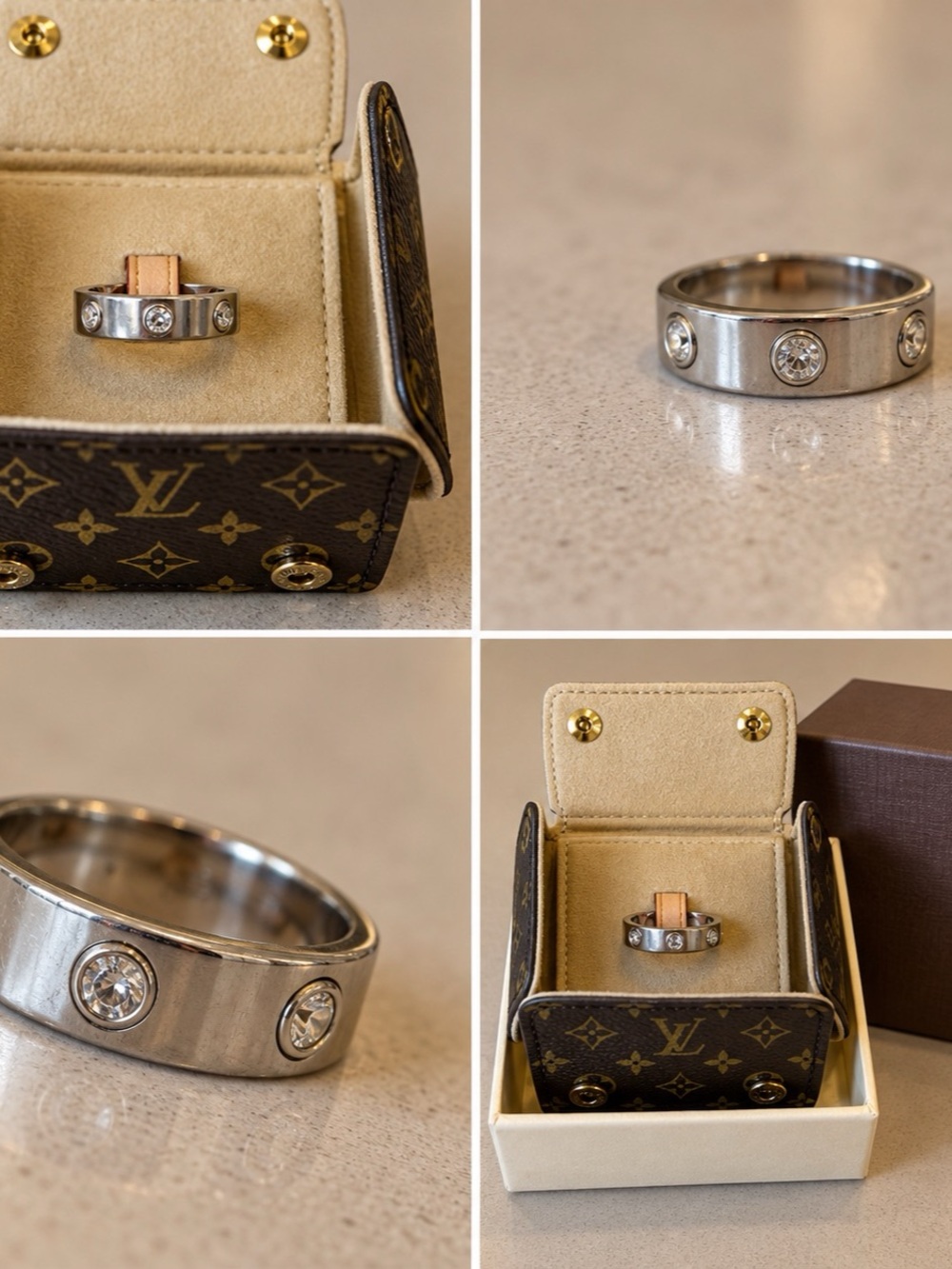 Louis Vuitton White Gold Ring with Original Monogram Case & Box
